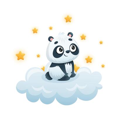 Cute Panda Character Sitting on Soft Cloud Watching Bright Star Illustration