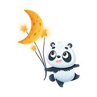 Cute Panda Character Holding Bright Star and Crescent by String Illustration vector