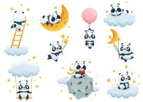 Cute Panda Character on Soft Clouds Enjoying Bright Star Set vector