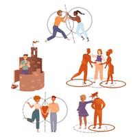 Personal boundaries set, People standing inside drawn lines. Self isolation, personal space illustration vector