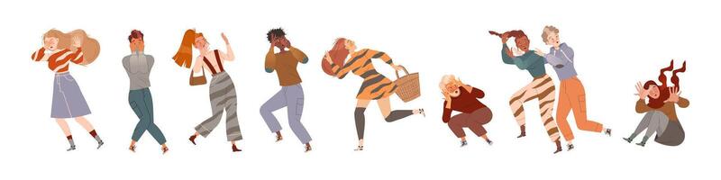 People Character Afraid of Something Feeling Scared and Terrified Screaming and Escaping Illustration Set vector