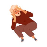 Bearded Man Character Bending Knees Afraid of Something Feeling Scared and Terrified Shaking with Fear Illustration vector