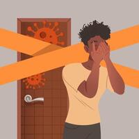 Man covering his face afraid of contracting viral infection. Compelled Isolation due to Covid 19 Pandemic illustration vector