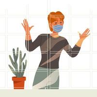 Man in protective mask looking out of the window. Guy staying at home with self quarantine due to Covid 19 Pandemic illustration vector