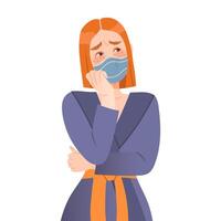 Depressed girl in protective mask staying at home with self quarantine. Compelled Isolation due to Covid 19 Pandemic illustration vector