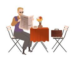 Man sitting at table in cafe and reading newspaper illustration vector