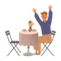 Man sitting at table in cafe with hands rised up ready order illustration vector