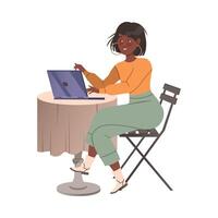 Girl sitting in cafe and working with laptop computer at cafe illustration vector