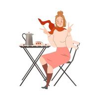 Girl sitting at table in cafe showing victory sign gesture with both hands illustration vector