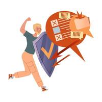 Man protected by shield from information attack. Person overloaded by information illustration vector