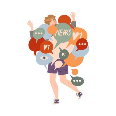Person overloaded by information. Guy drowning in information stream illustration