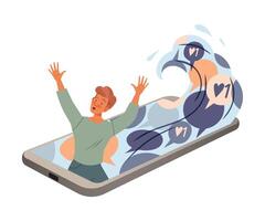 Man drowning in smartphone screen overloaded by information illustration vector