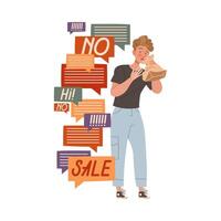 Overwhelmed man getting a lot of information, stressed person overloaded by information, ineffective multitasking illustration vector