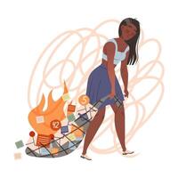 Exhausted girl having many duties and tasks, job burnout, ineffective multitasking illustration vector