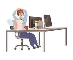 Office worker in headphones sitting at desk working with laptop computer illustration vector
