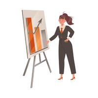 Businesswoman in suit and tie making presentation explaining charts on white board illustration vector