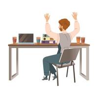 Businessman sitting at the desk with laptop computer. Side view of office worker character raising his hands illustration vector