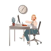 Office worker sitting at desk working with laptop computer and talking on phone illustration vector