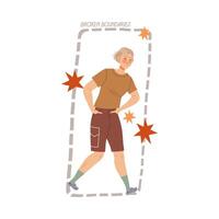 Broken boundaries. Boy standing inside rectangular shape boundaries drawn with dotted line. Personal space concept cartoon illustration vector