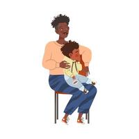 Moustached Man Character with Kid Waiting in Queue Sitting on Chair Illustration vector