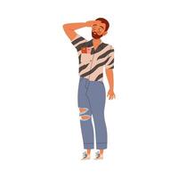 Bearded Man in Ripped Jeans and Striped Shirt Waiting or Standing in Queue or in Line for Nightclub Illustration vector