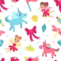 Fairy Unicorn with Twisted Horn and Flying Pixie Seamless Pattern vector