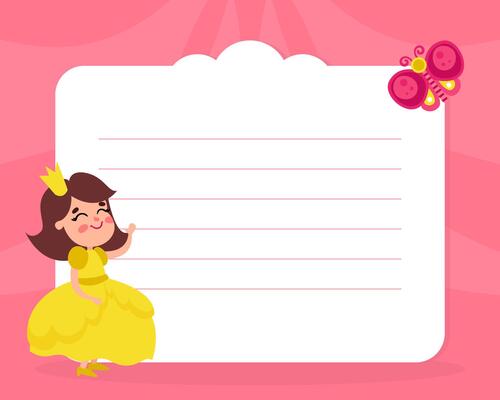 Lined Card with Smiling Girl Princess Wearing Crown and Dressy Look Garment Waving Hand Template