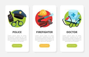 Web Banner for Professional Orientation with Police and Firefighter Occupation Symbols Template vector
