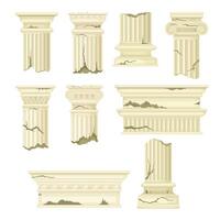 Broken marble pillars set. Stone column ruins, ancient building architectural element illustration vector