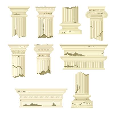 Broken marble pillars set. Stone column ruins, ancient building architectural element illustration