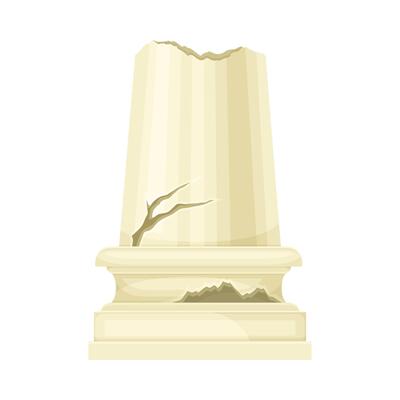 Old broken antique marble pillar, stone column ruin, ancient temple architectural element illustration