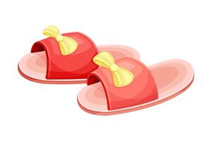 Pair of red slippers with bow, soft comfortable textile footwear for home cartoon illustration vector