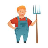 Man farmer character in overalls standing with fork cartoon illustration vector