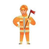 Man firefighter character in unifrom and helmet cartoon illustration vector