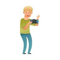 Man photographer character taking photo using camera cartoon illustration vector