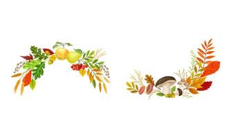 Set of borders with colorful autumn leaves, apples, and mushrooms set. Thanksgiving Day decor elements illustration vector