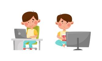 Little kid daily routine. Cute boy playing and working at computer cartoon illustration vector