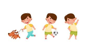Little kid daily routine. Cute boy doing morning exercise, playing soccer and walking with dog cartoon illustration vector