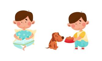 Little kid daily routine. Cute boy reading book and feeding his pet dog cartoon illustration vector