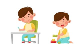 Little kid daily routine. Cute boy sitting at table doing lesson and playing with toy building blocks cartoon illustration vector