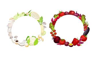 Frames of red or white fruit, vegetables and mushrooms. Round frame with space for text illustration vector