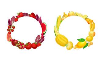 Round frames of red and yellow fruit and vegetables with space for text illustration vector