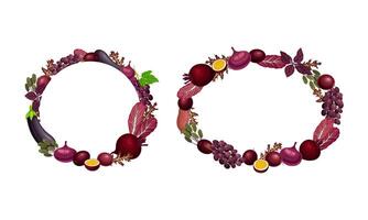 Frames of red and purple fruit and vegetables with space for text illustration vector