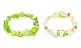 Round frames of white and green fruit, vegetables and mushrooms with space for text illustration vector