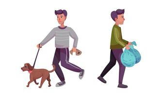 People daily routine set. Man walking with dog and throwing garbage cartoon illustration vector