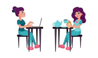People daily routine set. Woman working on laptop computer and having breakfast cartoon illustration vector