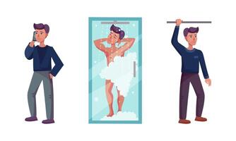 People daily routine set. Man taking shower, talking on phone and using public transport cartoon illustration vector