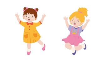 Happy little little jumping together. Smiling kids having fun cartoon illustration vector