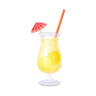 Glass of citrus cocktail with straw and umbrella. Cold alcoholic or non alcoholic beverage illustration