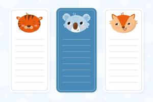 Cute childish lined note sheet with cute animals set. Notebook, notepad, diary template illustration vector